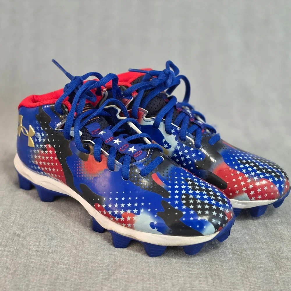 Under Armour Leadoff Mid RM Baseball Cleats Kids 4Y Blue Red Stars Stripes